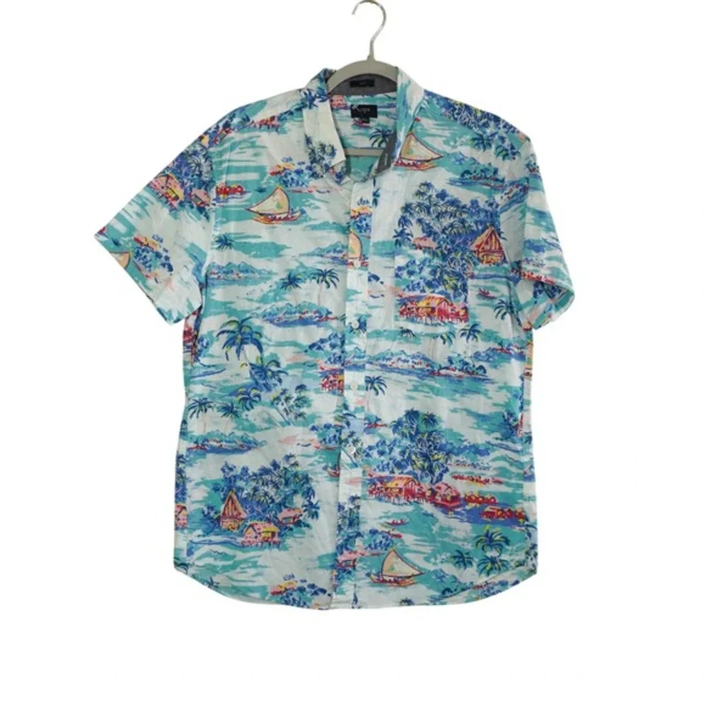 J. Crew Men's Slim Fit Tropical Island Print Short Sleeve Button Down‎ Shirt